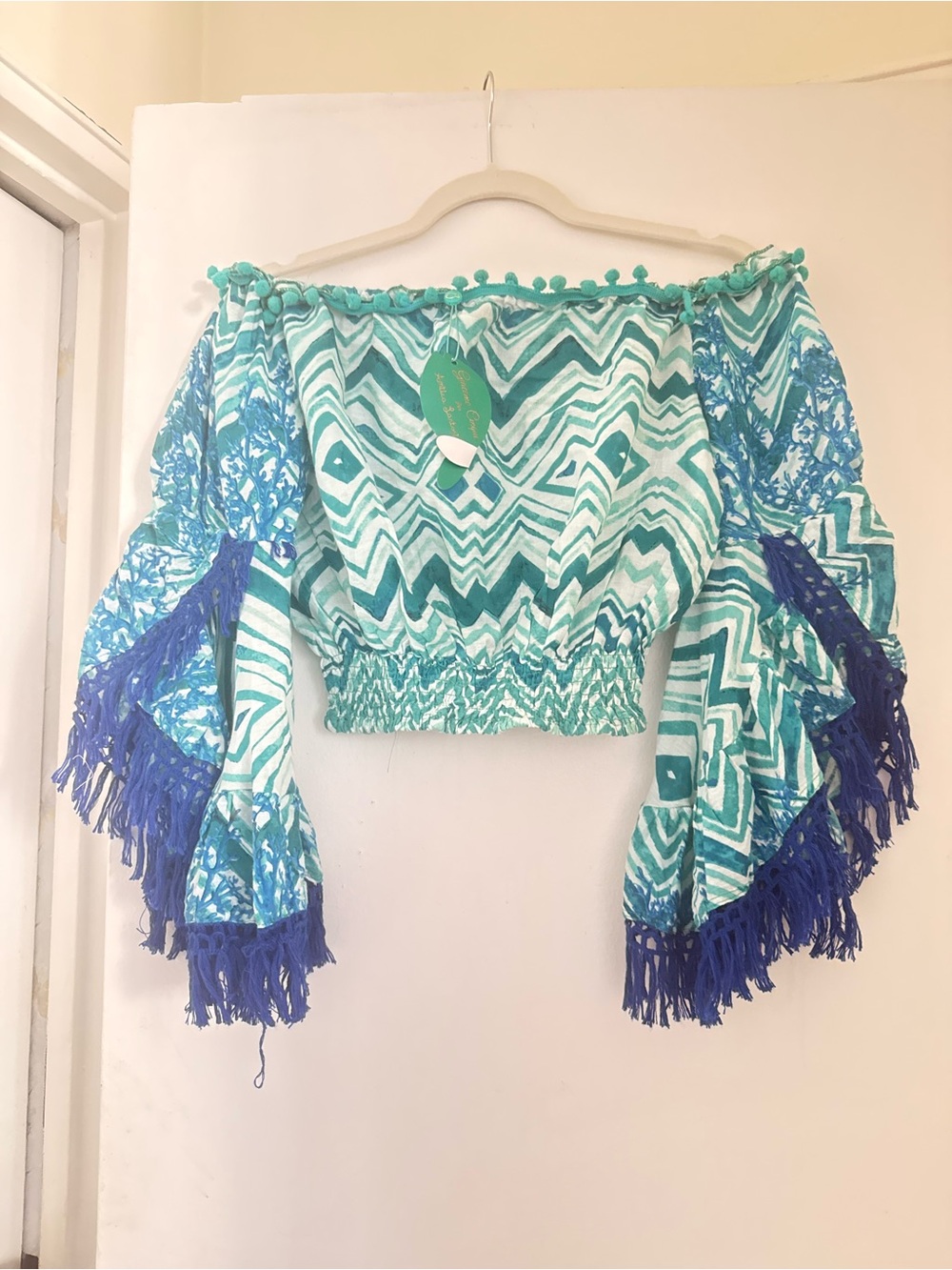 Boho Off-Shoulder Crop Top in Teal & Blue
